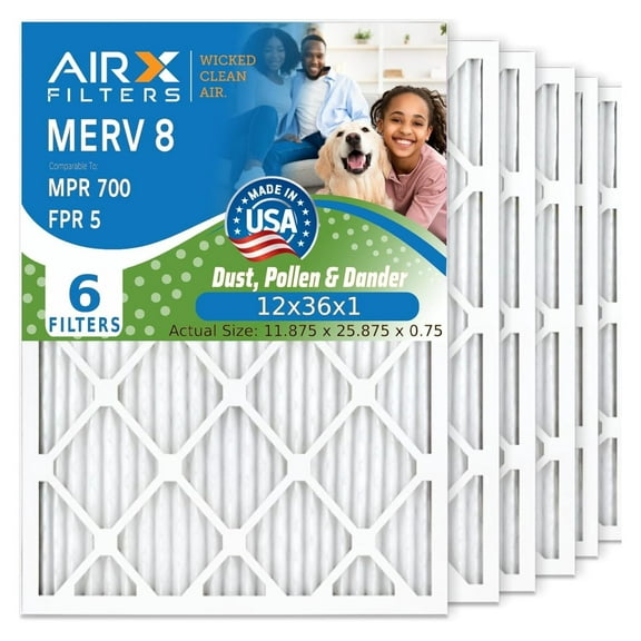 WICKED CLEAN AIR. 12x36x1 Air Filter MERV 8 Electrostatic Pleated Air Conditioner Filter 6 Pack HVAC Furnace Filters