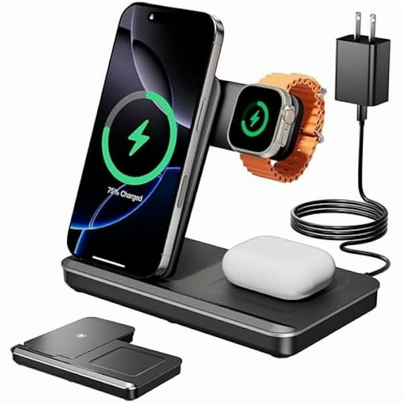 Wanhoo 3 in 1 Charging Station for Apple, Foldable Wireless Charger Stand for iPhone 16 15 14 13, Fast Travel Phone Charging Dock for Multiple Devices for Apple Watch Ultra 10 9 8, AirPods 4 3 Pro