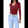 thumbnail image 2 of Camisas de Larga para Mujer, Ropa de Otoño, Blusas Henley, Blusas Informales de Negocios Acanaladas, Conjuntos de Moda. Vino Tinto M, 2 of 8