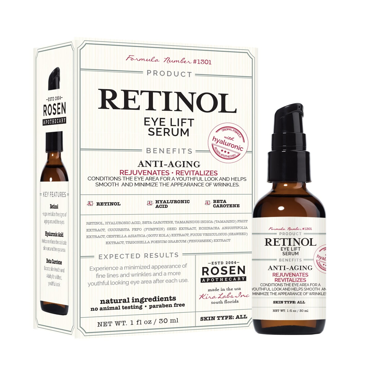 Rosen Apothecary Natural Retinol Eye Lift Serum with Hyaluronic 1oz