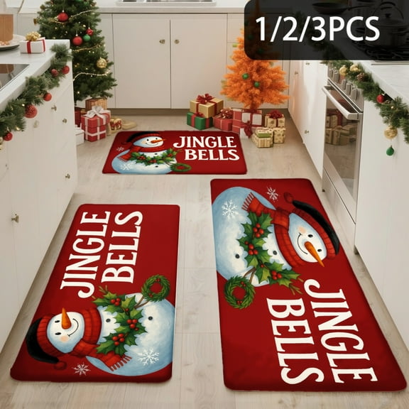 3PCS Kitchen Mat set, Welcome Door Flannel Rug,Home Decor for Front Door,Kitchen, Bathroom, Snowman Jingle Bells Red Background ,Great Christmas Housewarming gift for Family and Friends.