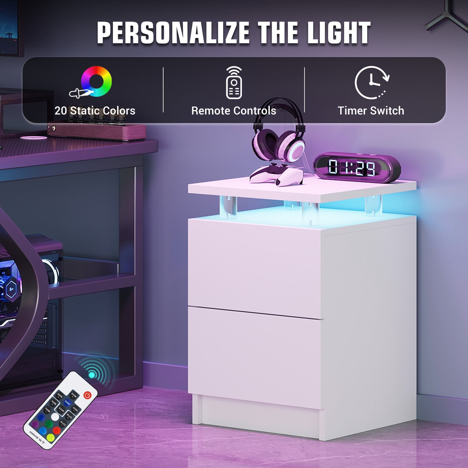 BaPiPro LED Nightstand Set of 2, Modern LED End Table with 2 Drawers, Bedside Table with Lighting for Bedroom, Living Room, White