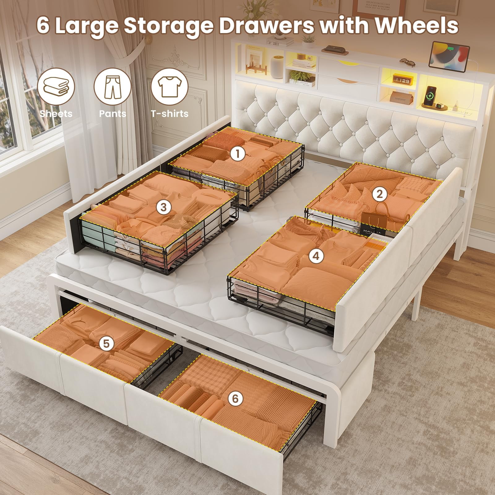 Queen Size Bed Frame with 6 Storage Drawers and Headboard, LED Lights,Charging Station,Velvet Upholstered Queen Platform Bed No Noise, No Box Spring Needed, Easy Assembly, Beige