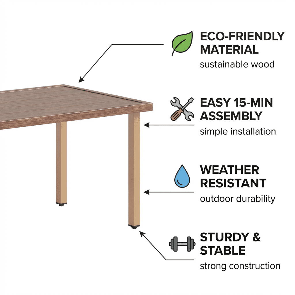 NestNook Outdoor Coffee Table, Rectangular Patio Table with Wood-Grain Top and Metal Frame for Garden, Deck, Balcony