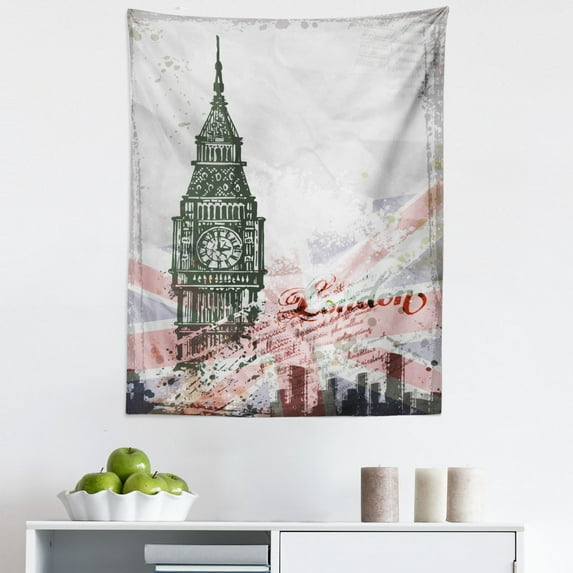 London Tapestry, Hand Drawn Illustration of Big Ben London England Flag Vintage Historic City Design Print, Fabric Wall Hanging Decor for Bedroom Living Room Dorm, 5 Sizes, Grey, by Ambesonne