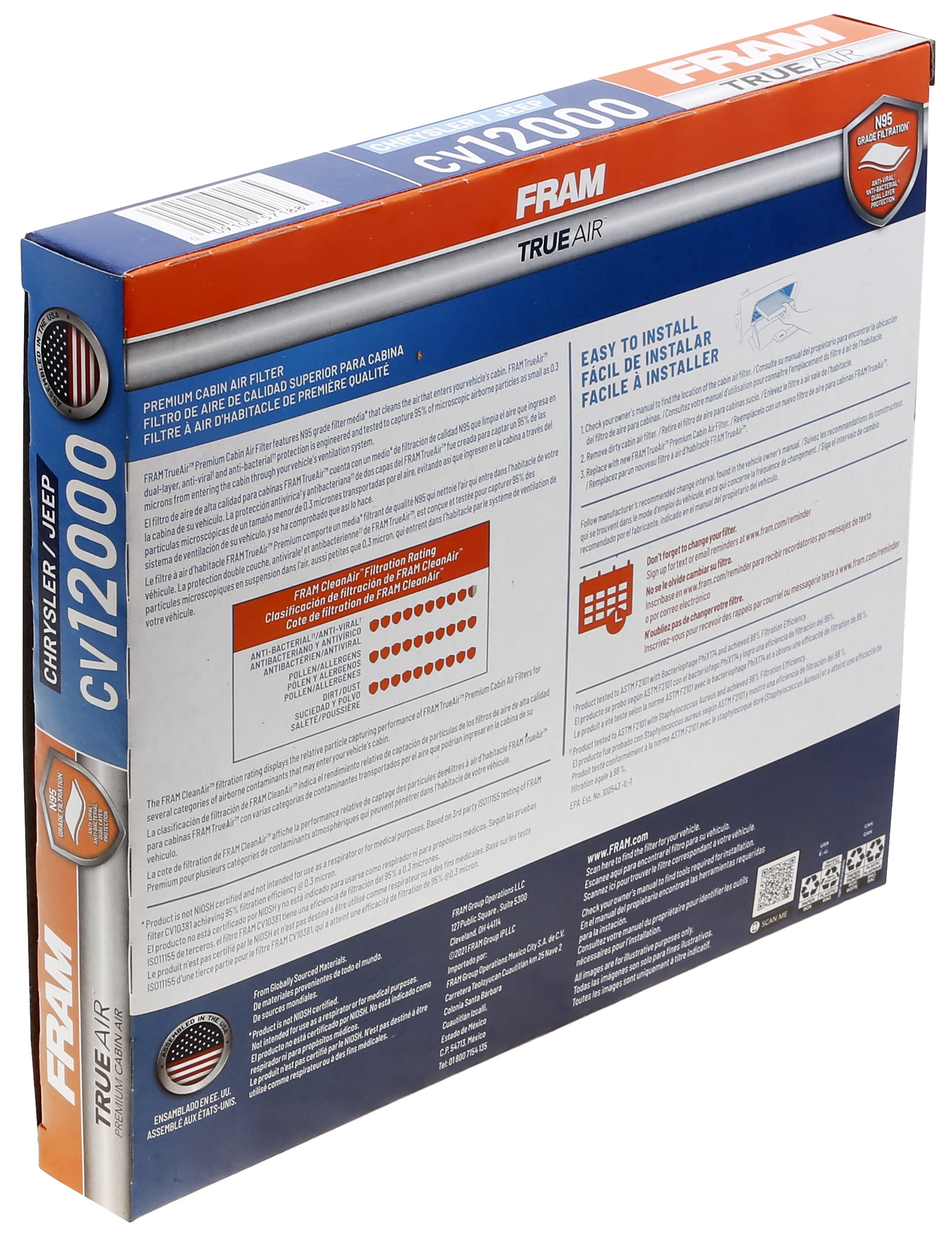 FRAM TrueAir Cabin Filter CV12000, with N95 Grade Filter Media