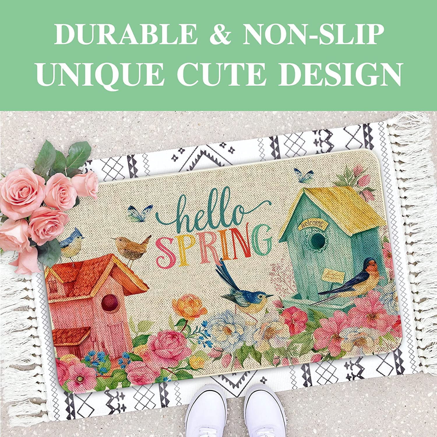 Hello Spring Decor Door Mat Flower Farmhouse Welcome Mats Outdoor Colorful Flowers Doormat Non Slip Rubber Floral Decorative Front Door Mats Indoor Rug 17" x 30"