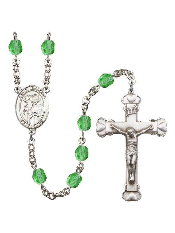 St and 1 5/8 x 1 inch Crucifix Dunstan Center Gift Boxed Silver Finish St Dunstan Rosary with 6mm Saphire Color Fire Polished Beads