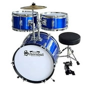 Schoenhut Kids Blue Drum Set - 8 Mounted Tom Drum - 10 Mounted Snare Drum - 16 Bass drum - Bass drum pedal - Adjustable padded seat and Drum Sticks