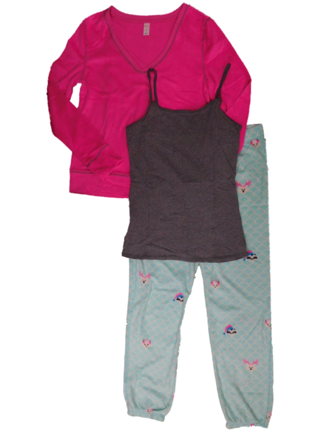 Junior Womens Pink & Blue 3 Piece Fleece Pajamas Sleep Set with