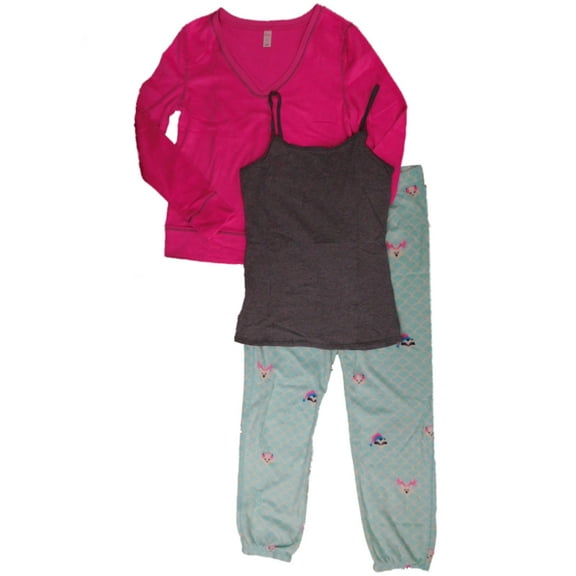 Junior Womens Pink & Blue 3 Piece Fleece Pajamas Sleep Set with Camisole