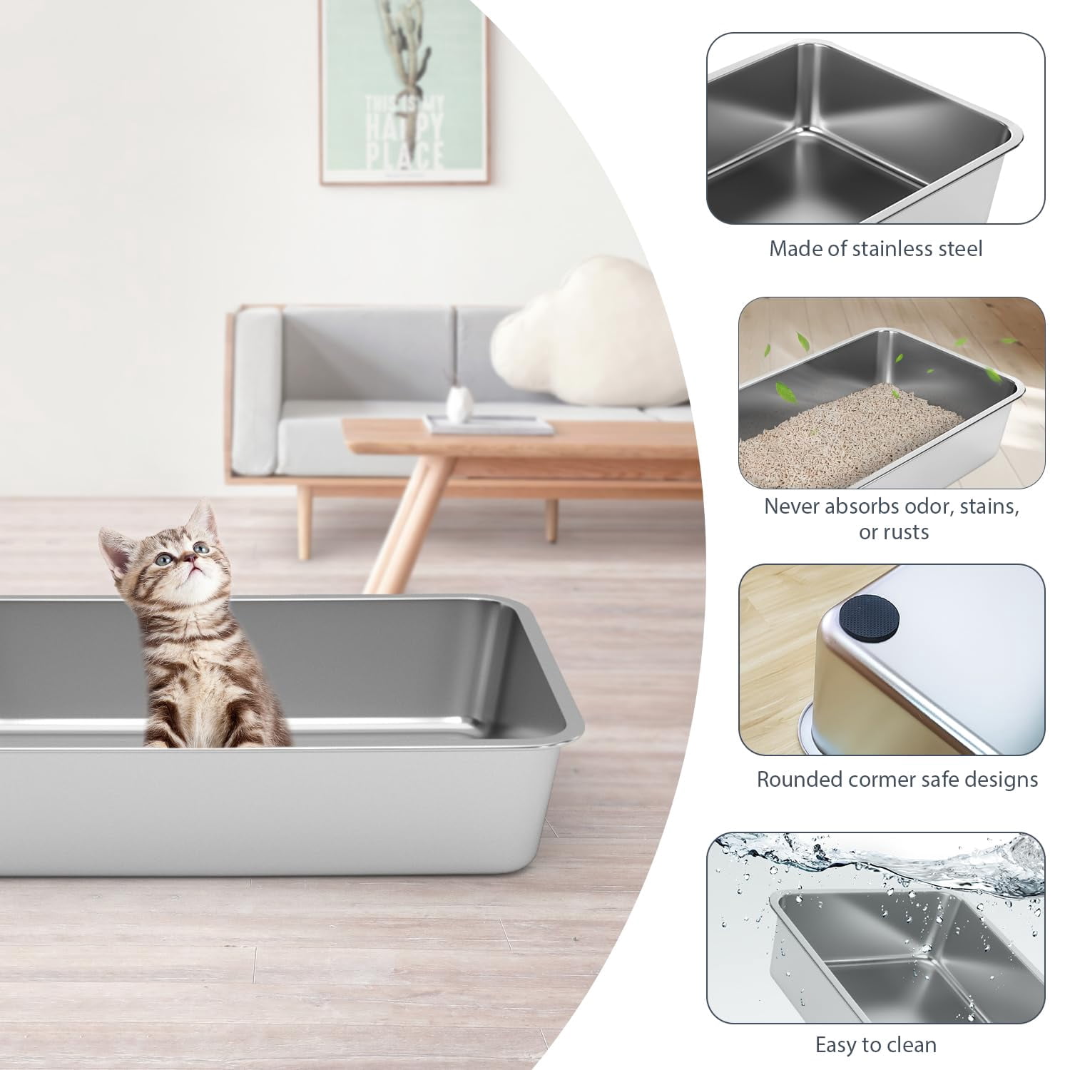 Stainless Steel Cat Litter Box - For Cats Easy To Clean  Never Absorbs Odor Stains Or Rusts (17.7" L X 13.5" W 4" H)