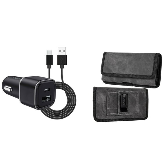Holster and Car Charger Bundle for Motorola Edge  (2022): Rugged Denim Nylon Belt Pouch Case (Grey/Black) and Compact High Power 30W Dual USB Port (Type-C & USB-A) Auto Power Adapter