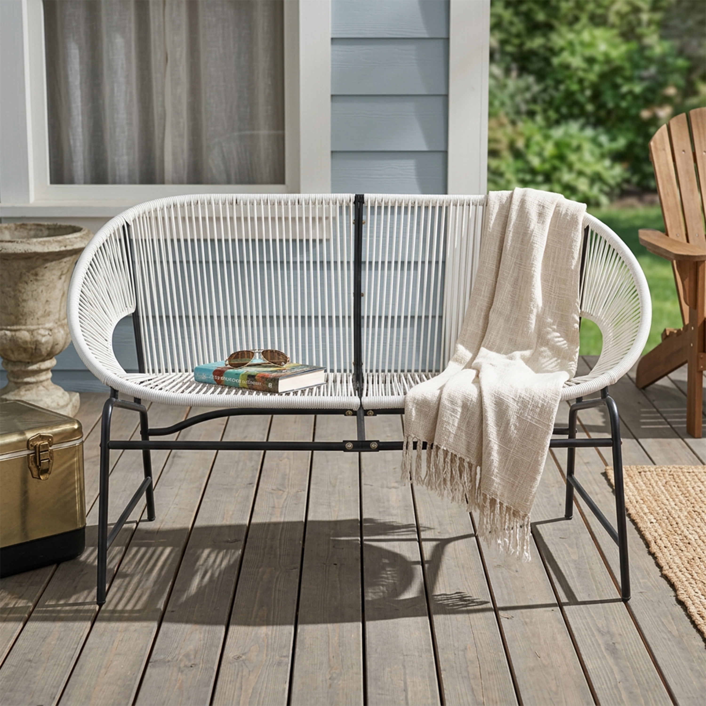 Outdoor PE Rattan Wicker Loveseat with Iron Frame for Porch Garden Balcony, White