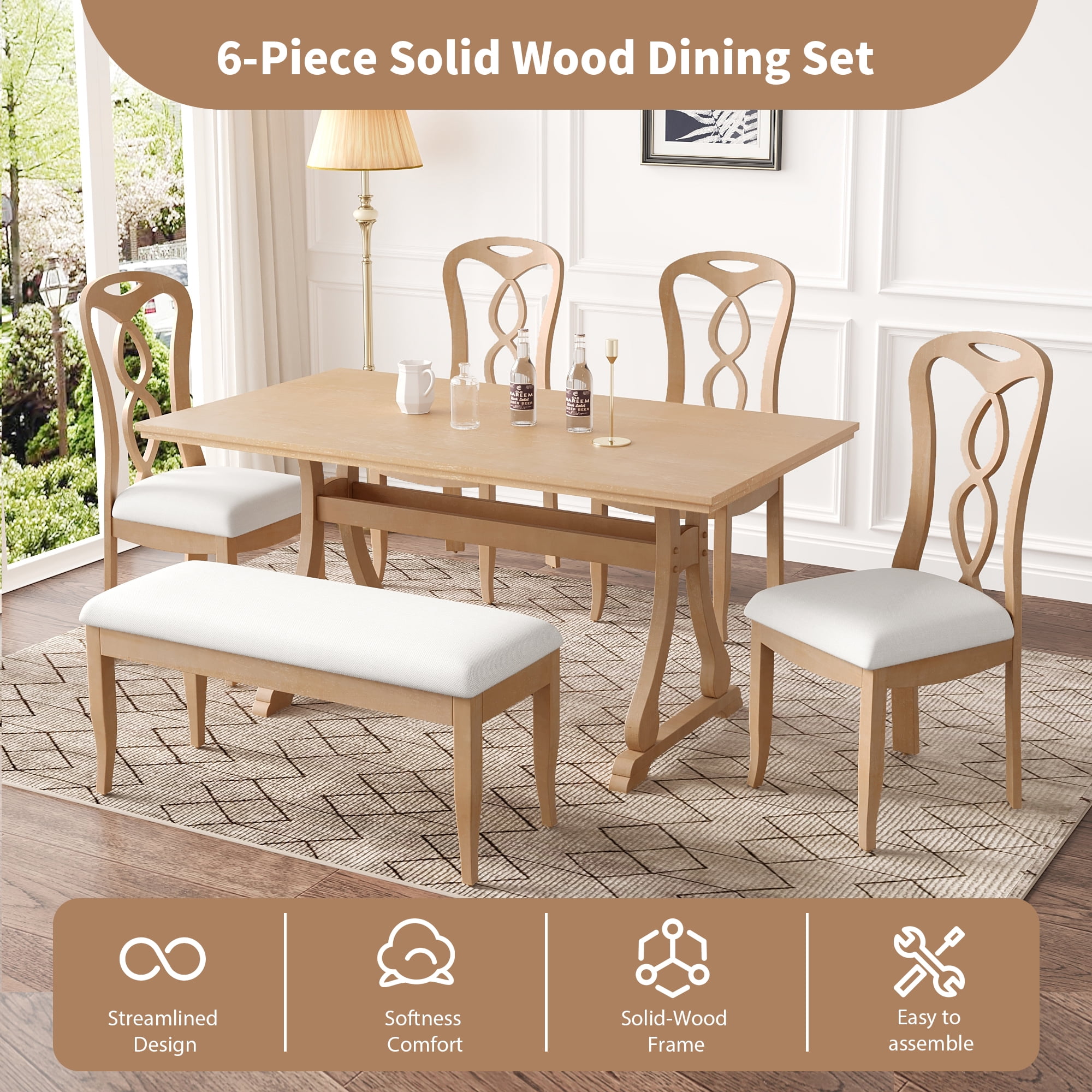 EUROCO 63" 6PCS Retro Dining Table Set for 6,Wood Dining Room Table Set with 1 Upholstered Bench and 4 Upholstered Dining Chairs,Kitchen Table Set for 6