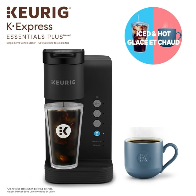 Keurig K-Express Essentials Plus single serve black coffee maker brewing iced coffee into a clear cup, next to a blue mug of hot brewed coffee, highlighting both iced and hot drink capabilities.