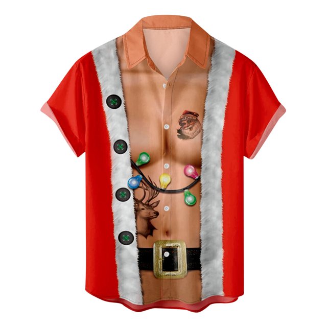 Camisas Navideñas Para Hombres Botones Casuales Estampado de Playa Turndown Blusa de Manga Corta Odeerbi ODB195118
