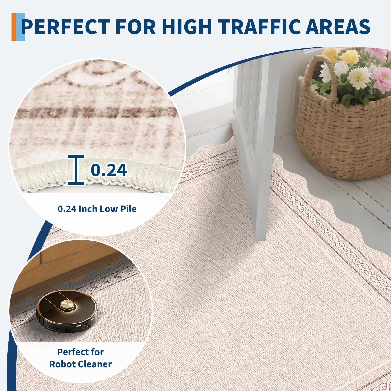 10*14FT Scalloped Large Washable 10x14 Area Rug for Living Room Beige Neutral Non Slip Soft Bedroom Rugs Large Low Pile Foldable tain Resistant Carpet for Nursery Dining Room Classroom, Beige Beige