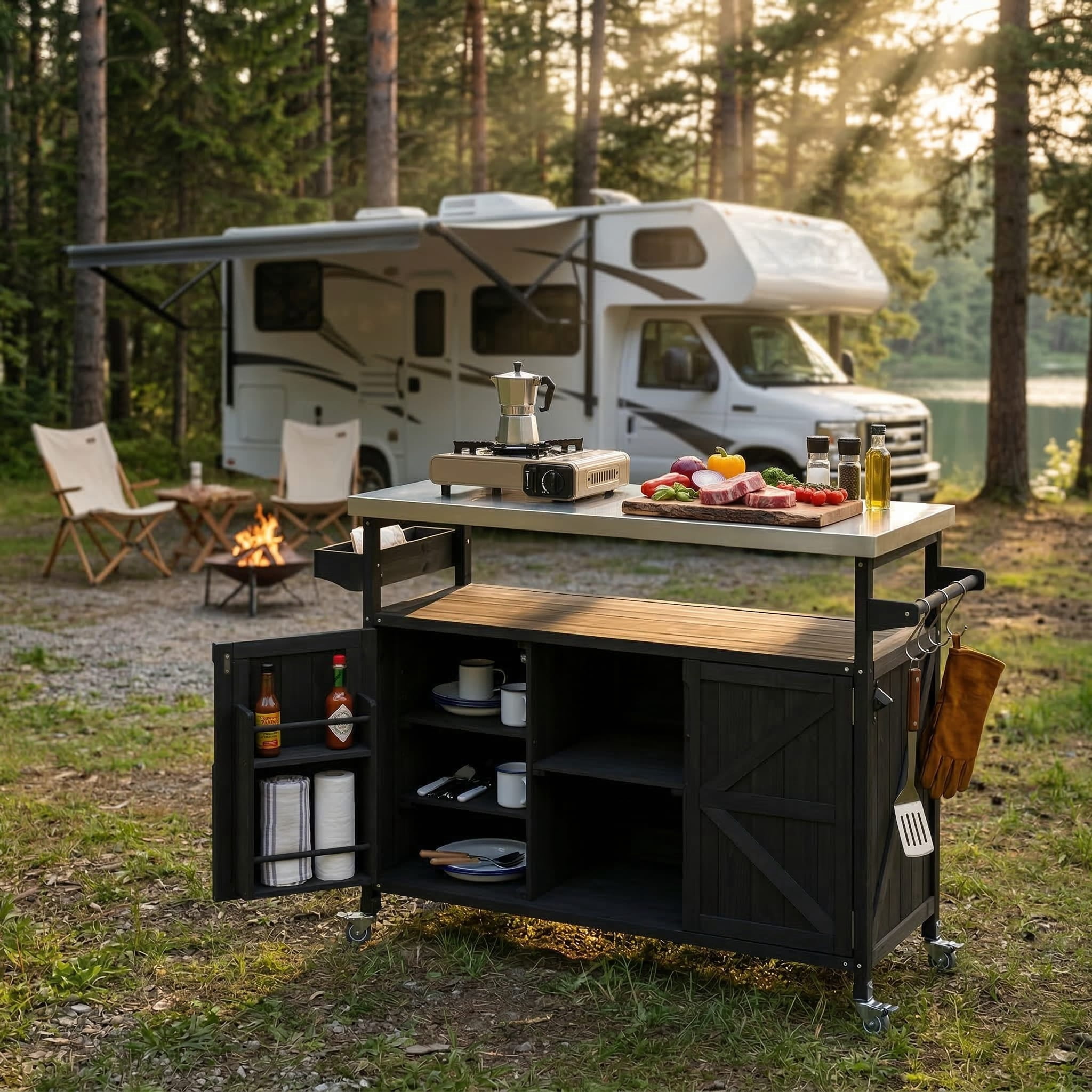 Homy Casa Outdoor Grill Cart with Stainless Steel Top, Rolling Kitchen Island with Storage Cabinet and Hooks, Black