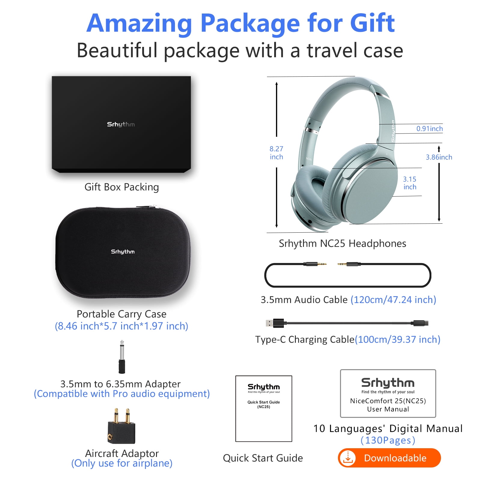 Restored Srhythm NC35 Noise Cancelling Headphones Wireless Bluetooth 5.3, Lightweight Over-ear Headphones with Microphones, 50+ Hours’ Playtime, Fast Charge (Refurbished)
