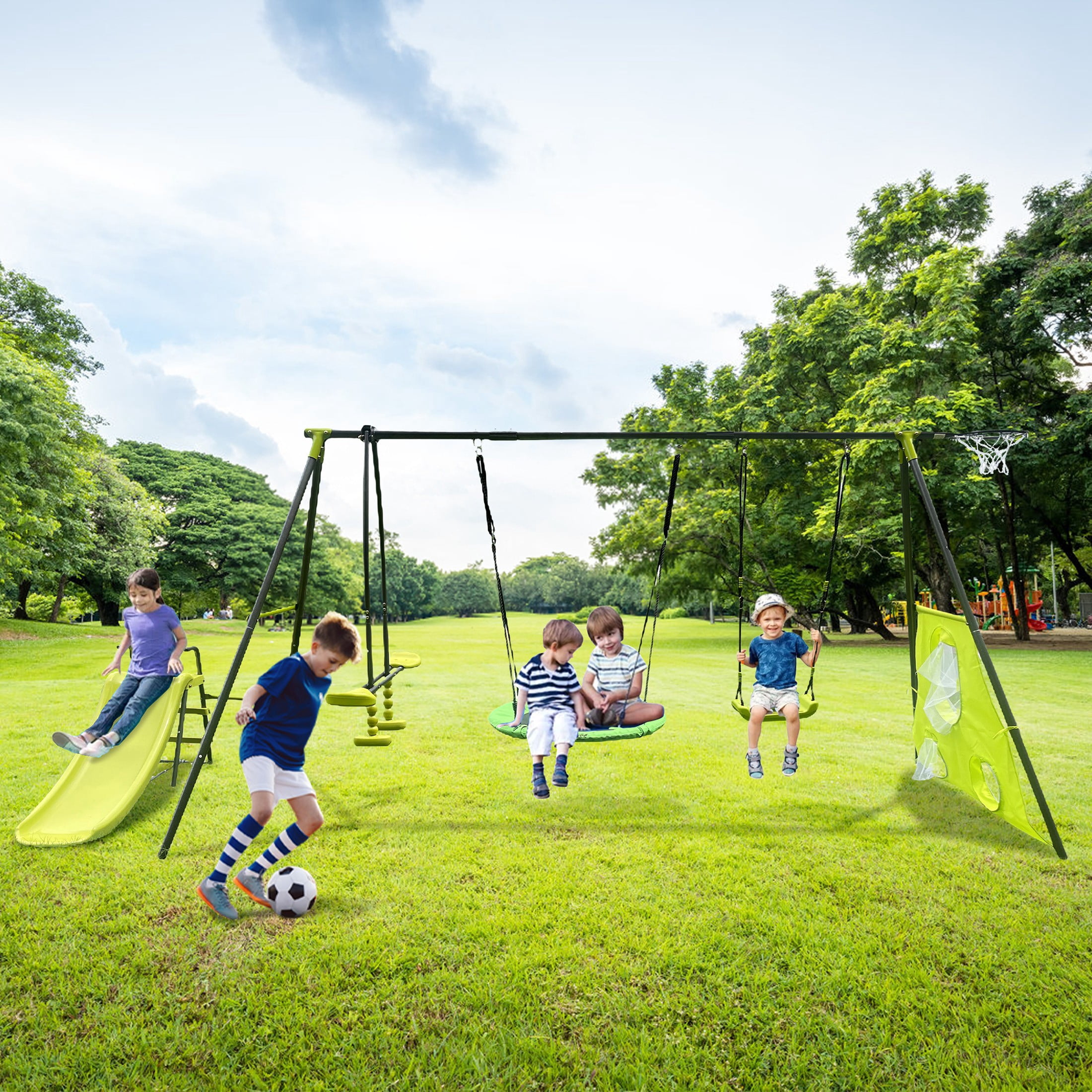 Aukfa 6 in 1 Outdoor Swing Set for Kids, 450Lbs Heavy-Duty Metal Frame with Glide Ride, Slide, Belt Swing, Disc Swing, Basketball Hoop and Soccer Goals for Backyard Playground, Green