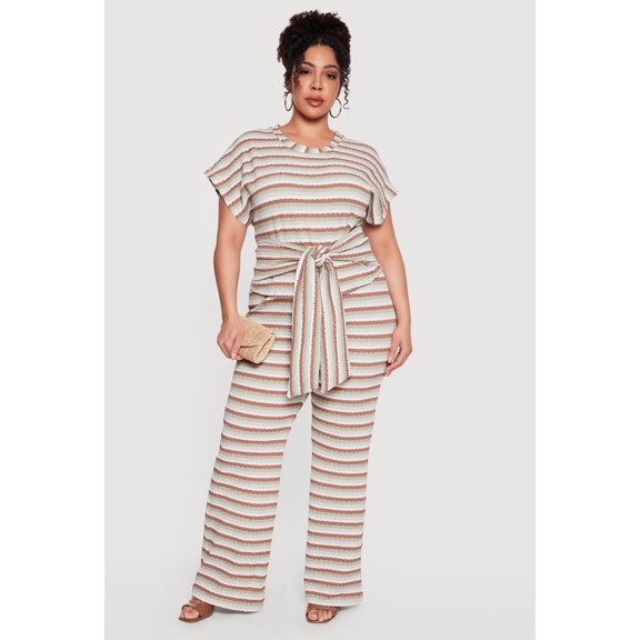 Women's Plus Size Striped High Waisted Wide Leg Textured Knit Pants