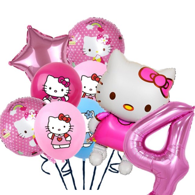 Decoración de fiesta de cumpleaños de Hello Kitty para niños, papel de aluminio, globo de látex, vajilla de dibujos animados, suministros para eventos, pancarta, telones de fondo