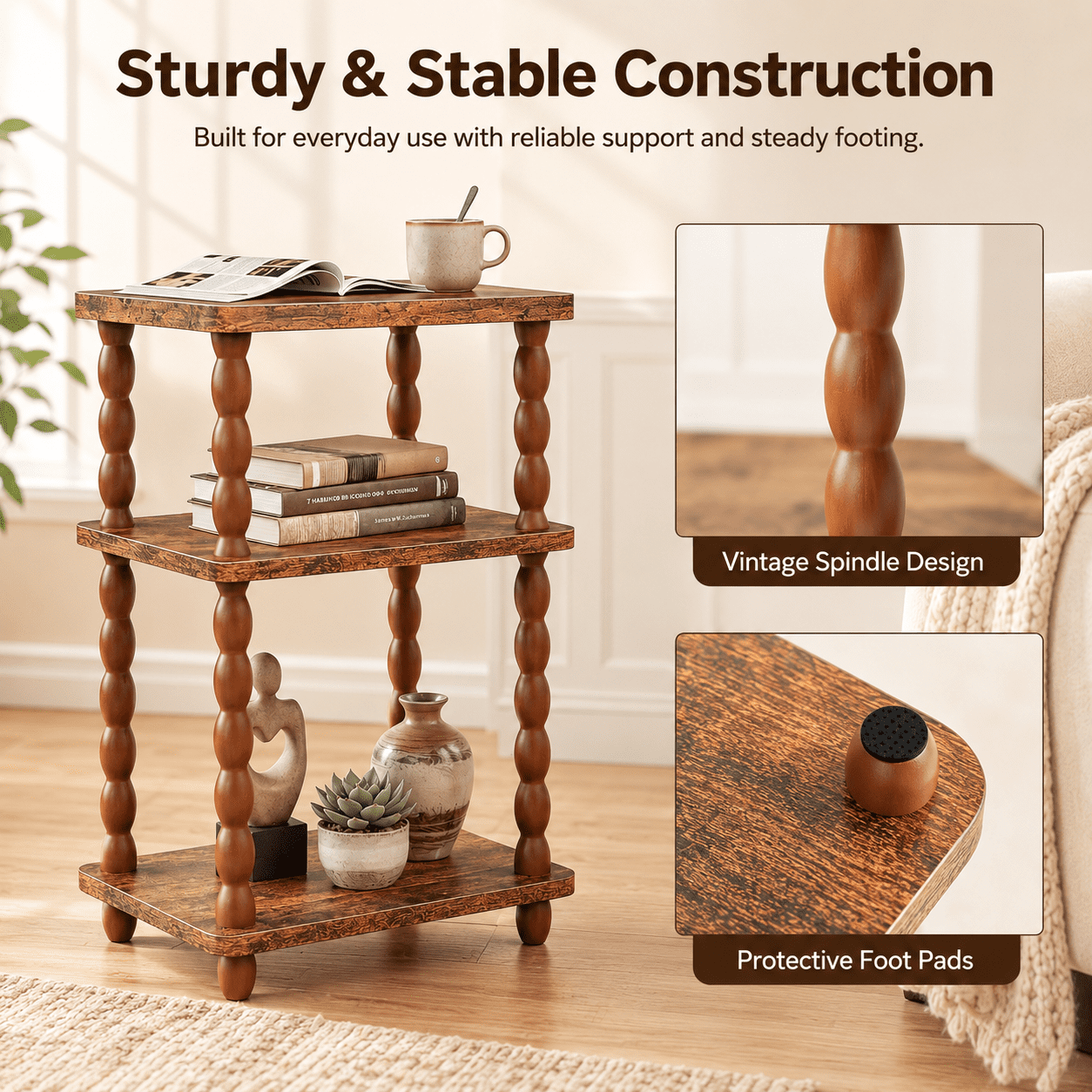 MEHOOM 3-Tier Side Table, Nightstand with Storage, Vintage Accent Table Small End Table for Living Room and Bedroom