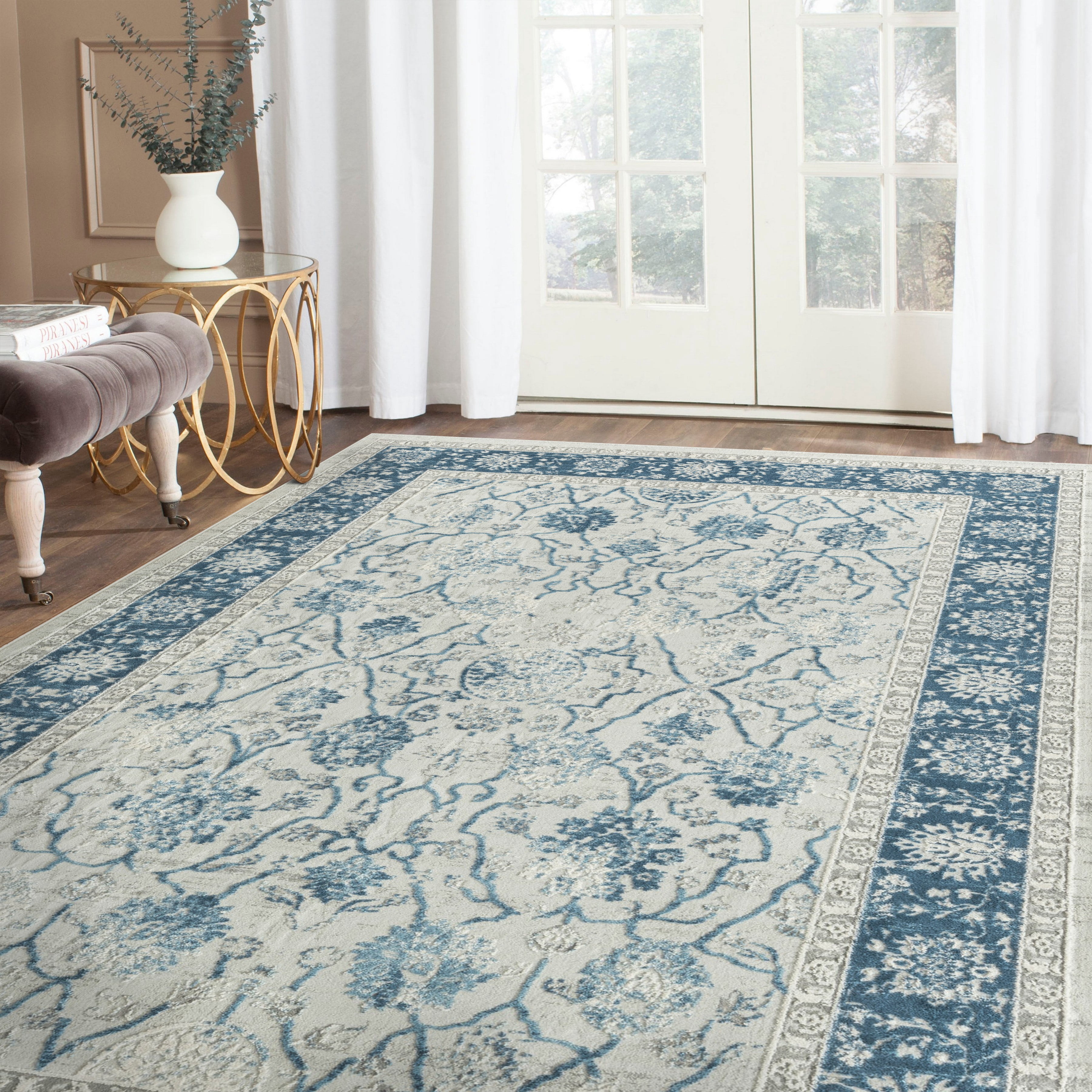 LR Home Isone Kate Blue/Ivory Transitional Floral Polyester Blend Area Rug, 4' x 6'