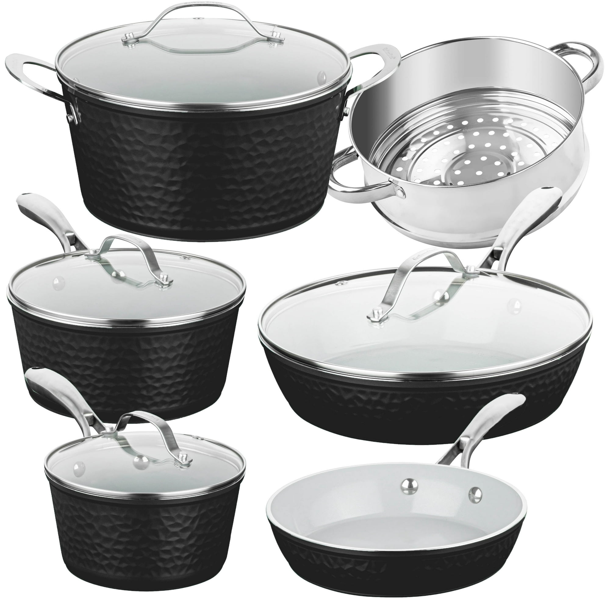 Gotham Steel 10 Pc Hammered Pots and Pans Set Non Stick, Easy Clean Kitchen Ceramic Cookware Set Nonstick, Long Lasting Pot and Pan Set with Skillet/Sauce Pan, Oven Safe, No Forever Chemicals, Black