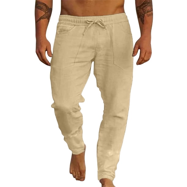 TOWED22 Men's Casual Linen Pants Elastic Waist Drawstring Cotton Trousers(Khaki,S)