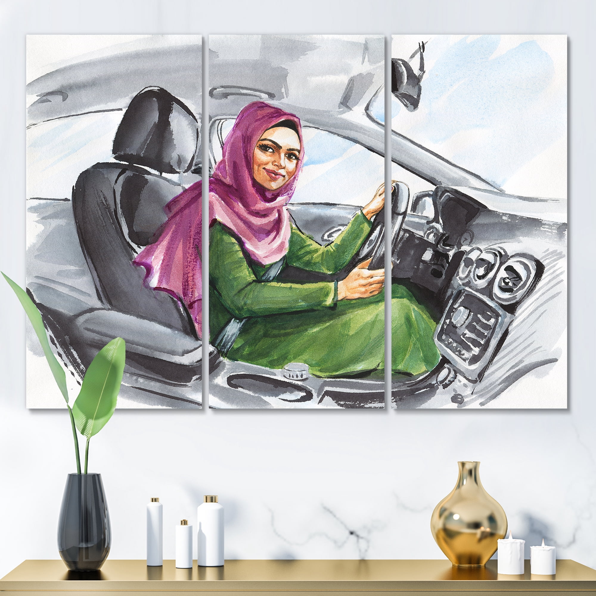 Arabian Lady Driving A Car II 28 in x 36 in Painting Canvas Art Print, by Designart