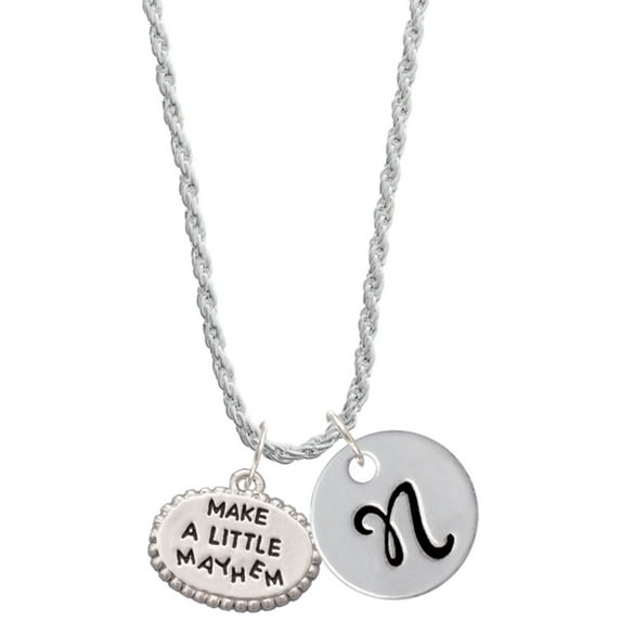 Delight Jewelry Silvertone Make a Little Mayhem Oval Silvertone Script Initial Disc - N - Charm Necklace, 20"+3"