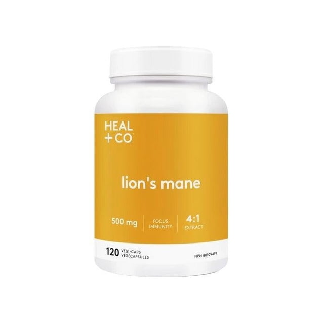 Heal + Co. Lion's Mane (4:1 Extract) 500mg, 120 Capsules in a white bottle with a yellow label. The label highlights key features such as focus, immunity support, and 4:1 extract potency. The product is plant-based, non-GMO, gluten-free, and free from major allergens.
