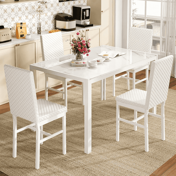 LinkRomat Dining Table Set for 4, Faux Marble Kitchen Glass Table and 4 PU Leather Upholstered Chairs for Dining Room, Modern Coffee Dinette, Compact Space