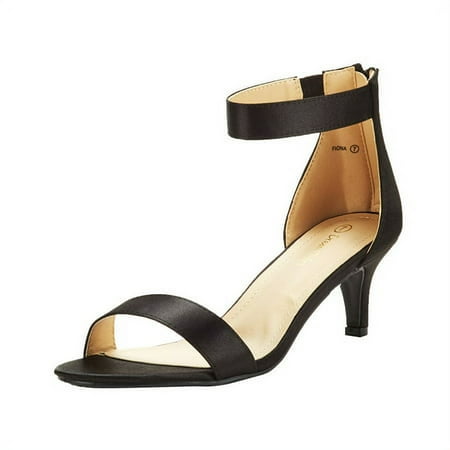 

Women s Ankle Strap Stilettos Low Heel Open Toe Sandals Party Dress Shoes FIONA BLACK/SATIN Size 5.5