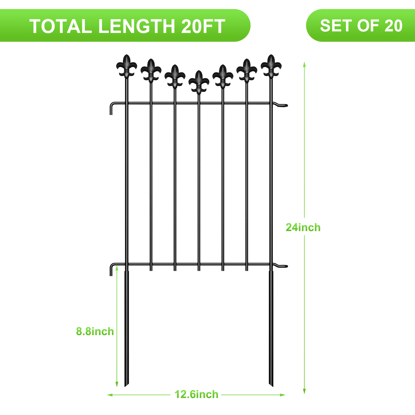 20-Pack 20FT Decorative Metal Garden Fence 24-Inch Tall Flower-Top Border Fence for Yard, Pet Barrier & Landscape Edging