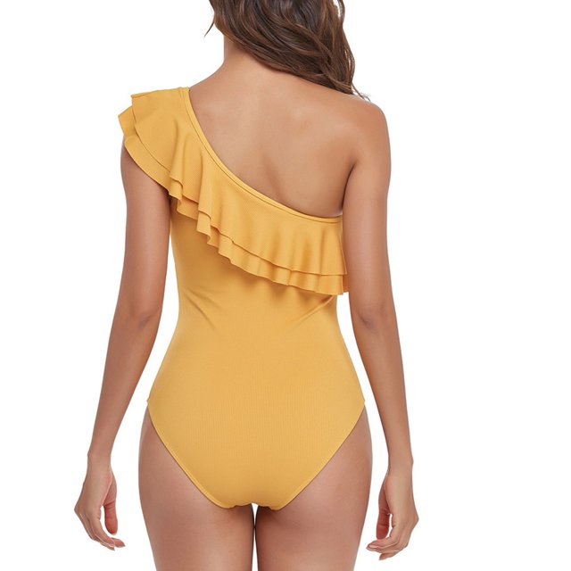 Ruffled Bathing Suits, Pure Color One Piece Swimsuit One Shoulder Asymmetric For Women For Vacation Yellow S