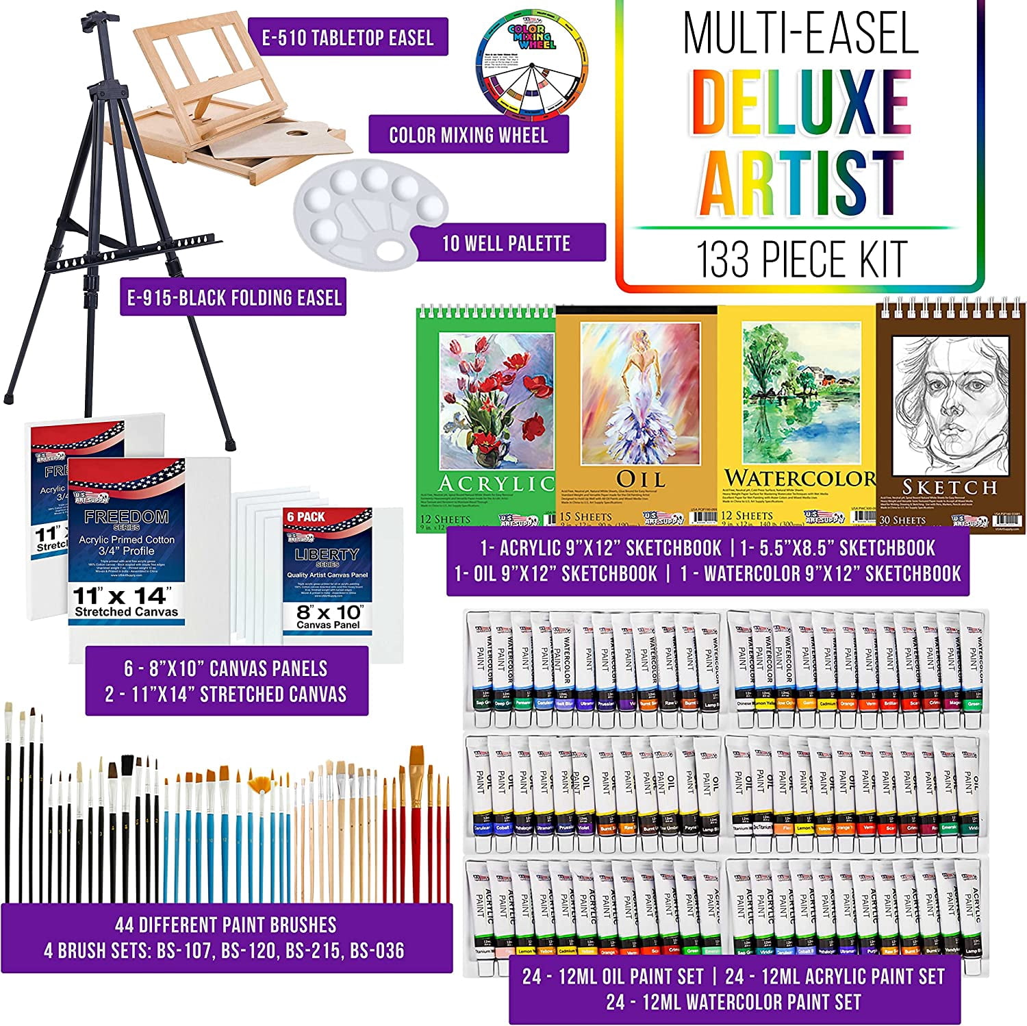 133-Piece Artist Painting Kit - Aluminum & Wood Easel, 24 Each (Acrylic, Oil, Watercolor Paints), 8 Canvases, 44 Brushes, 4 Paint Sketch Pads Kits for Adults, Gift Set