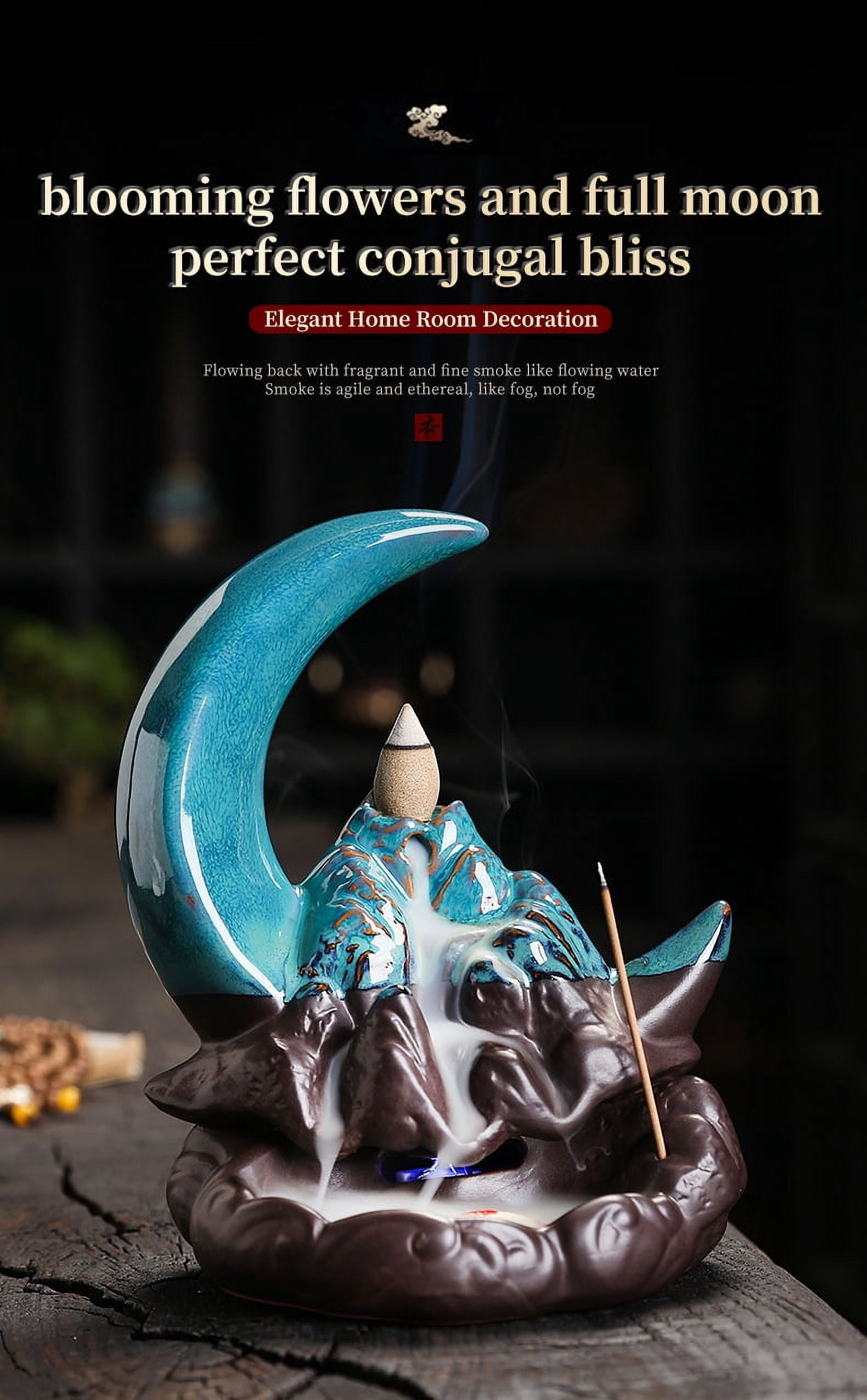 Backflow Incense Holder, Ceramic Handmade Incense Waterfall Burner for Sticks, Cones, Creative Moon Incense Burner Aromatherapy Ornament Home Decor