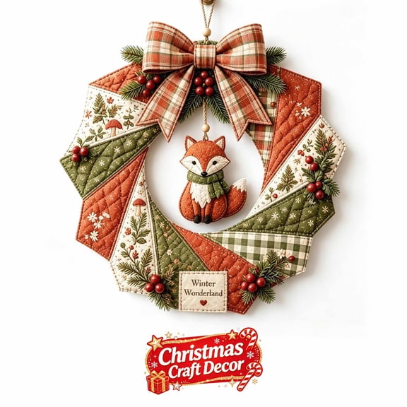 Christmas Wreath DIY Kit for Front Door, Fabric Patchwork Christmas Wreath Craft Set, Artificial Greenery Wreath with Hanger, Porch Window Wall Ornament, Indoor Outdoor Christmas Holiday Decor