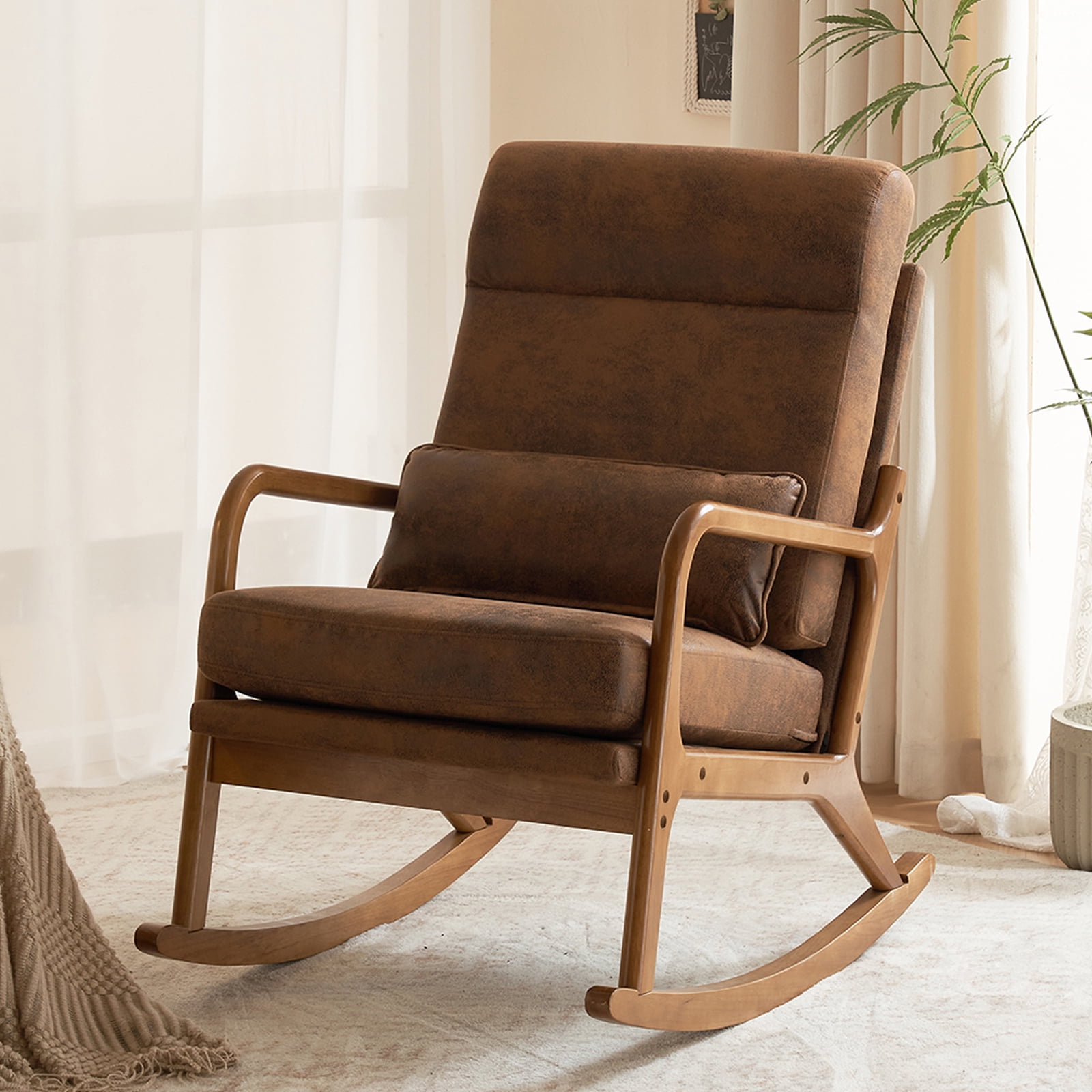 UWR-Nite Rocking Chair Nursery, 25.2" High Backrest Mid-Century Rocking Chair with Wooden Armrest Upholstered Glider Rocker with Free Lumbar Pillow for Living Room
