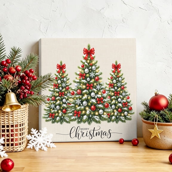 Red Bow Christmas Trees Canvas Artwork Painting Art, Retro Linen Background Square Framed Wall Decorations Prints Picture for Bedroom Kitchen Living Room, 16x16 in