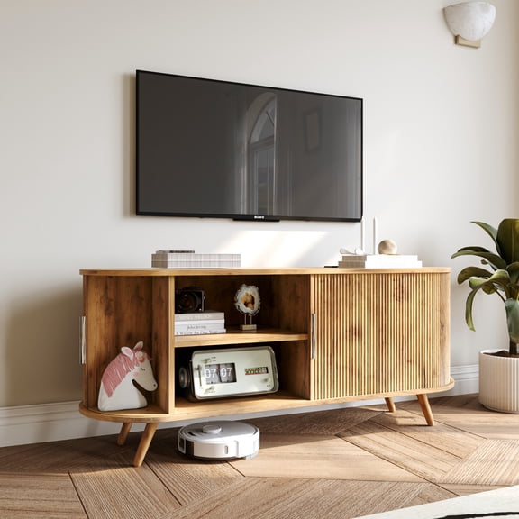 TV Stand 50 Inch with Power Outlet and Fluted Design, Entertainment Center and Media Console for TVs up to 55 Inch with Storage, Nature Oak