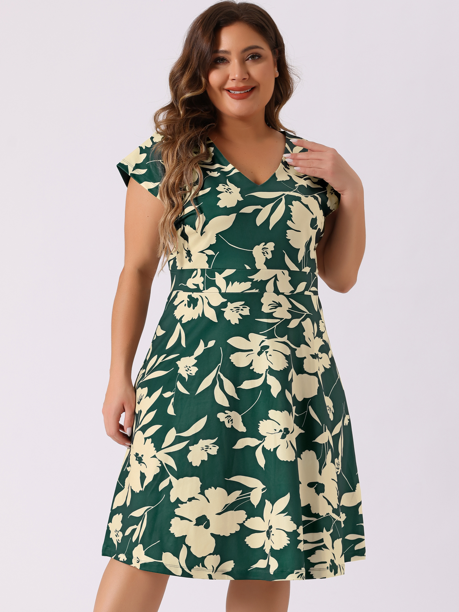 DARING DIVA Plus Size Fashion Cap Sleeve V Neck Above Knee Dress 3X Dark Green