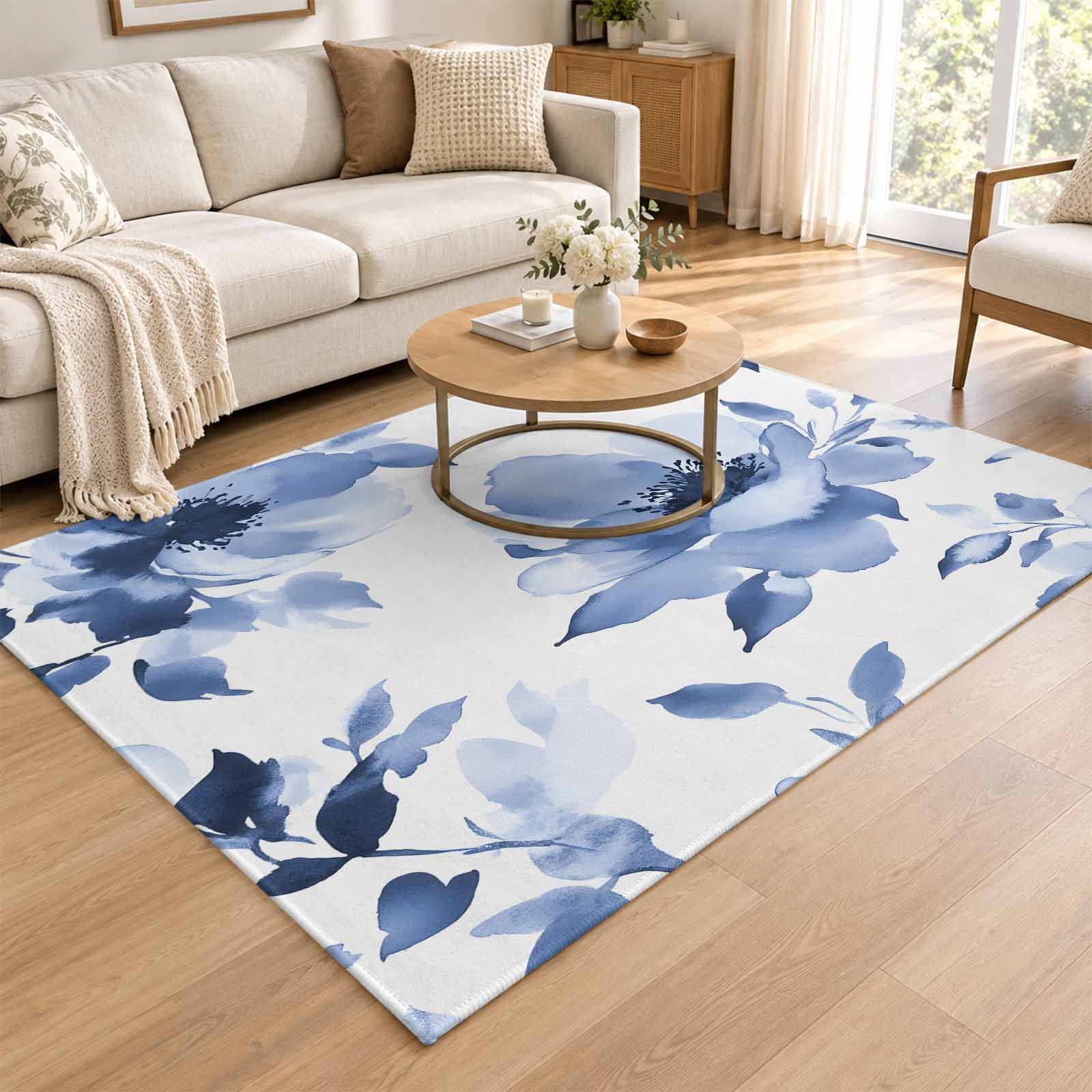 3x5 Washable Rug Blue Floral Spring Non-Slip Soft Area Rugs for Kitchen Bedroom Living Room Retro Watercolor Botanical Summer Low Pile Carpet Foldable Throw Rug for Office Nursery