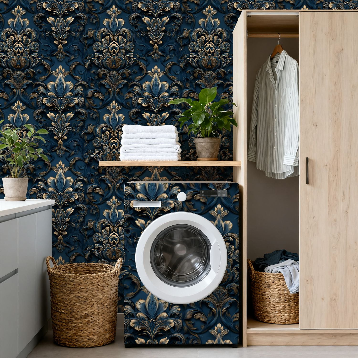 Peel and Stick Wallpaper Luxurious Baroque Floral Deep Blue Gold Embossed Style Wall Mural 17.7in x 9.8ft Self Adhesive Removable Wall Paper Renter Friendly Wallpaper for Nursery Bedroom Cabinets