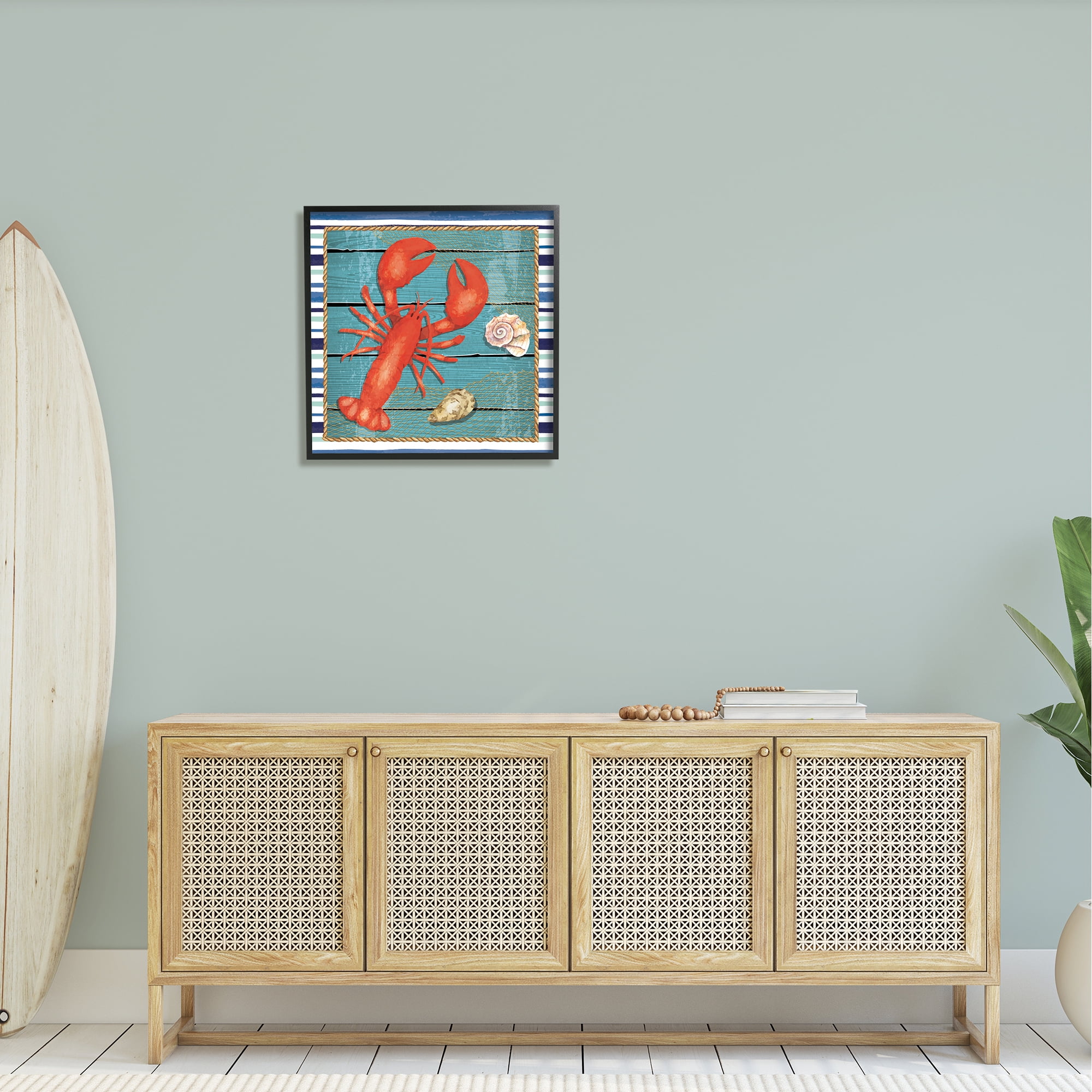 Stupell Lobster & Shells Coastal Stripes Landscape Painting Black Framed Art Print Wall Art