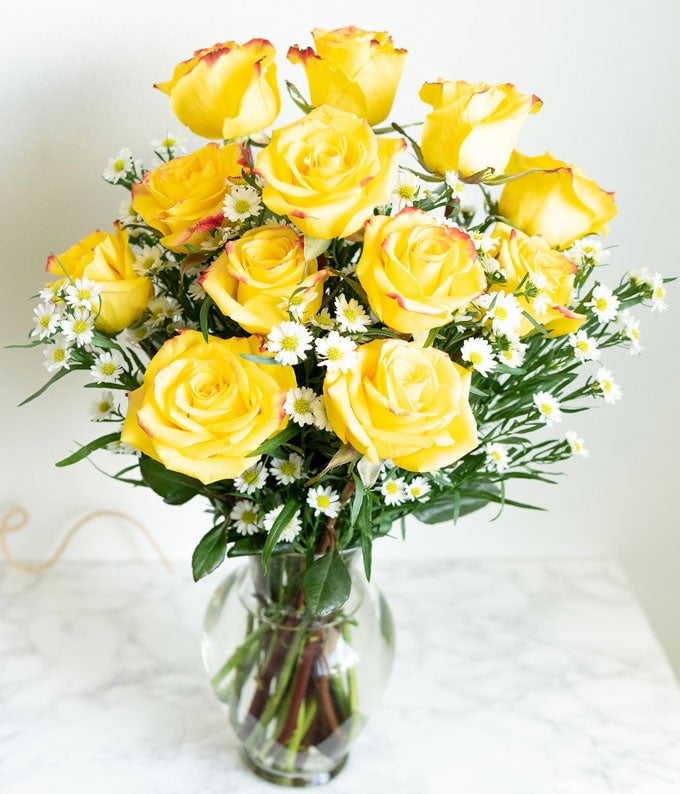 From You Flowers One Dozen Fiery Yellow with Red Tip Roses in a Clear