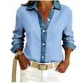 thumbnail image 2 of Dazajoo Long Sleeve Waffle Knit Tops for Women Button Down Lapel Collar Shirts with Denim Trim Casual Color Block Shacket,Sky Blue,L, 2 of 5